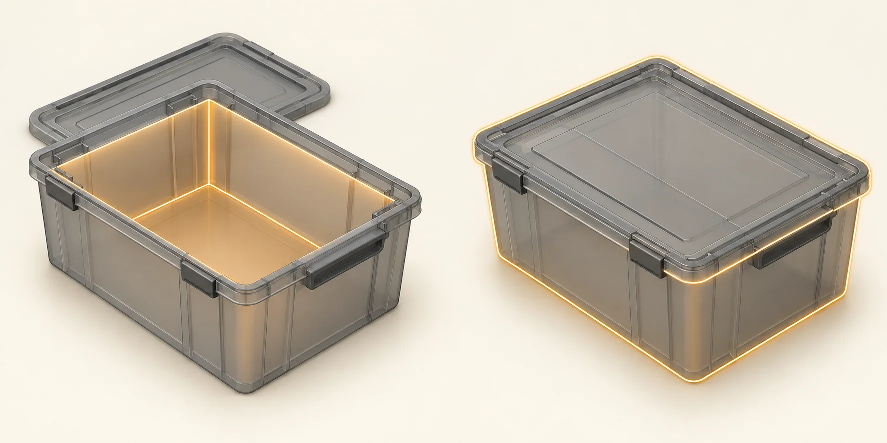 The same fictional bin shown open with its inside cavity highlighted, then closed with its outer rim and handles visible.