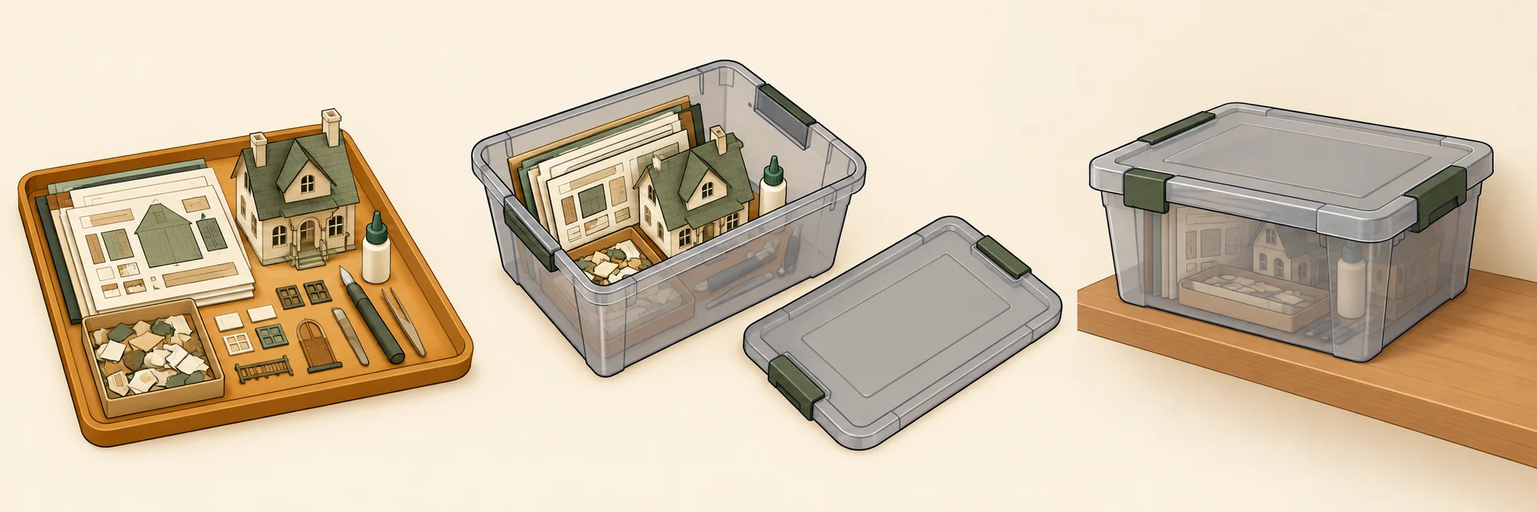 Illustrative sequence: a paper-model kit on a tray, the kit inside a bin, and the closed bin on a shelf.