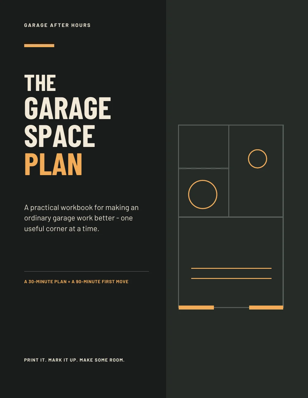 Cover of The Garage Space Plan printable workbook, showing a simple garage floor plan on a dark background.