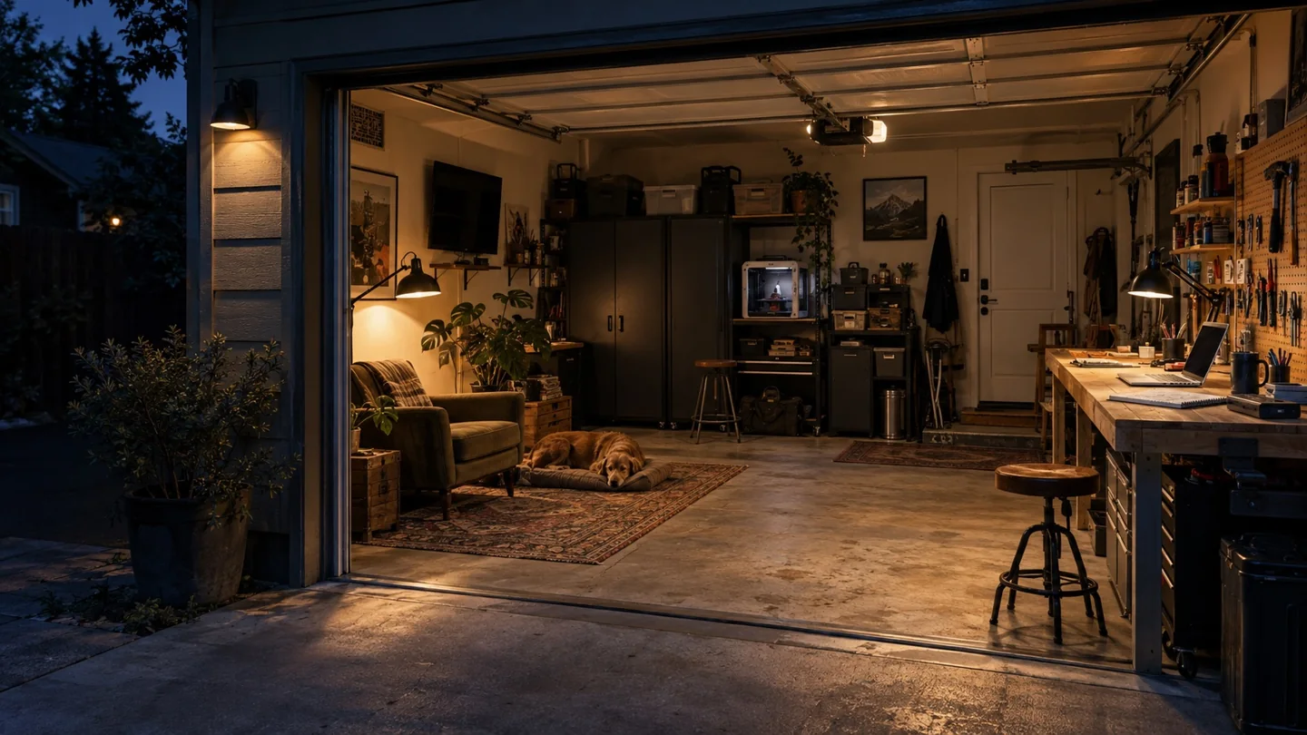 Concept of an ordinary garage at night, with a workbench, reading chair, cabinets and warm practical lamps.