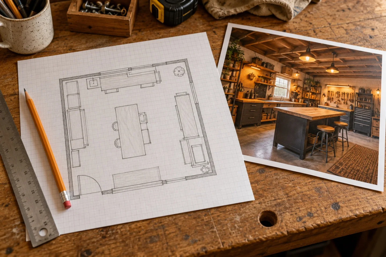 AI-generated illustration of a graph-paper floor sketch beside a warm garage inspiration image.