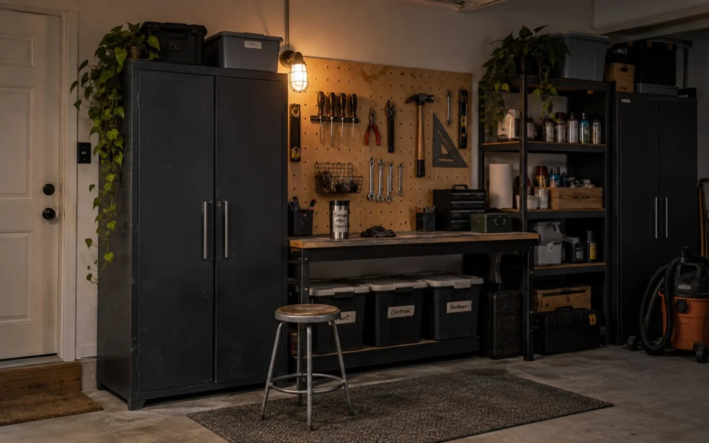 Concept of charcoal cabinets, hand tools and project containers along an ordinary garage wall.