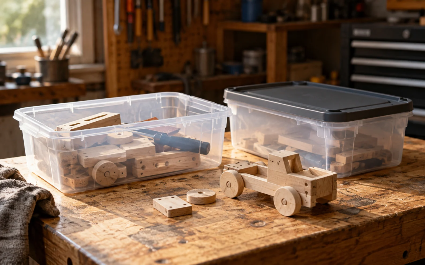 Illustrative garage scene with two clear project bins and an unfinished wooden toy on a workbench.