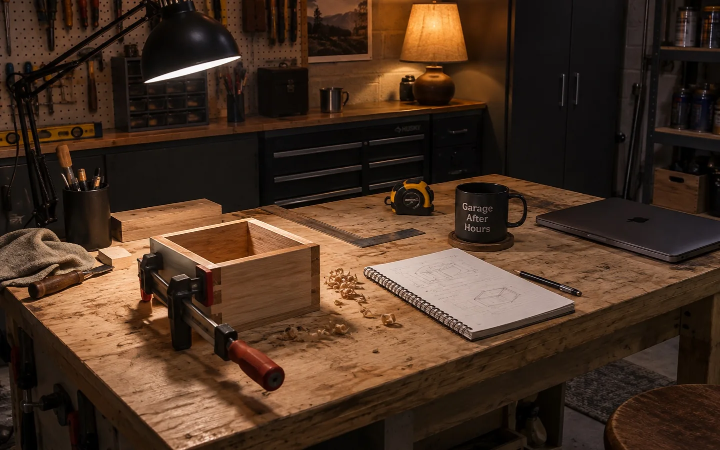 AI concept of a garage workbench with task lighting and a project in progress.