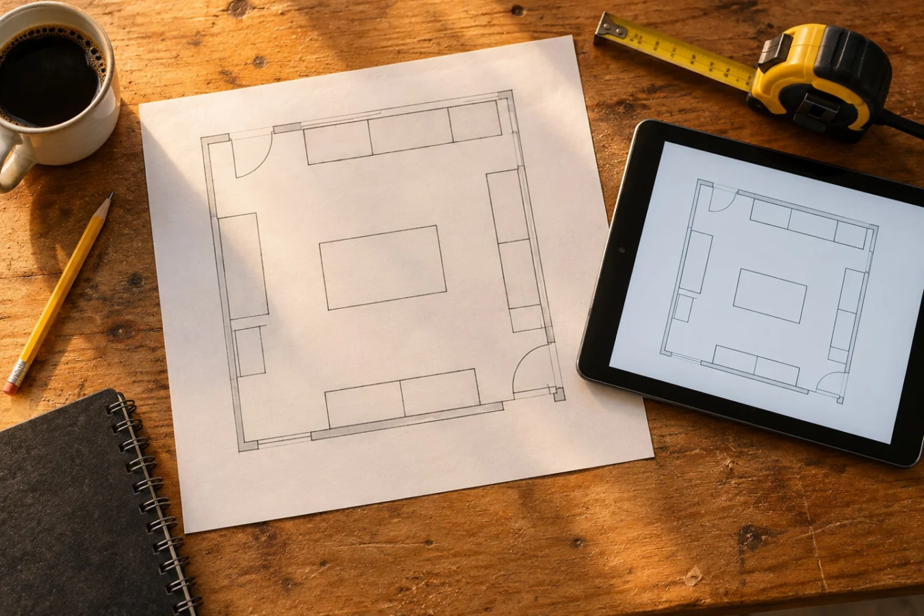 Illustrative paper garage plan and tablet laid out on a wooden workbench.