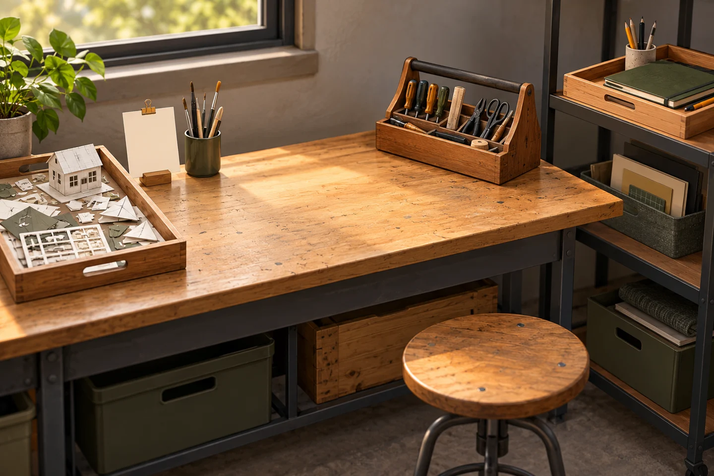 Concept workspace with a clear common bench surface, a model project tray, common tools and a separate sketching tray on a shelf.