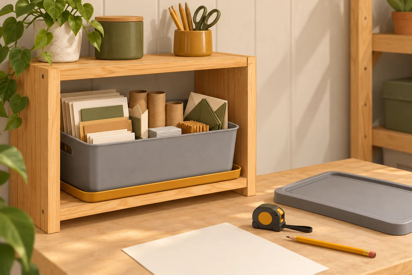 Concept illustration of one hobby bin at a shelf with a tape measure, blank planning sheet and detached lid beside it.