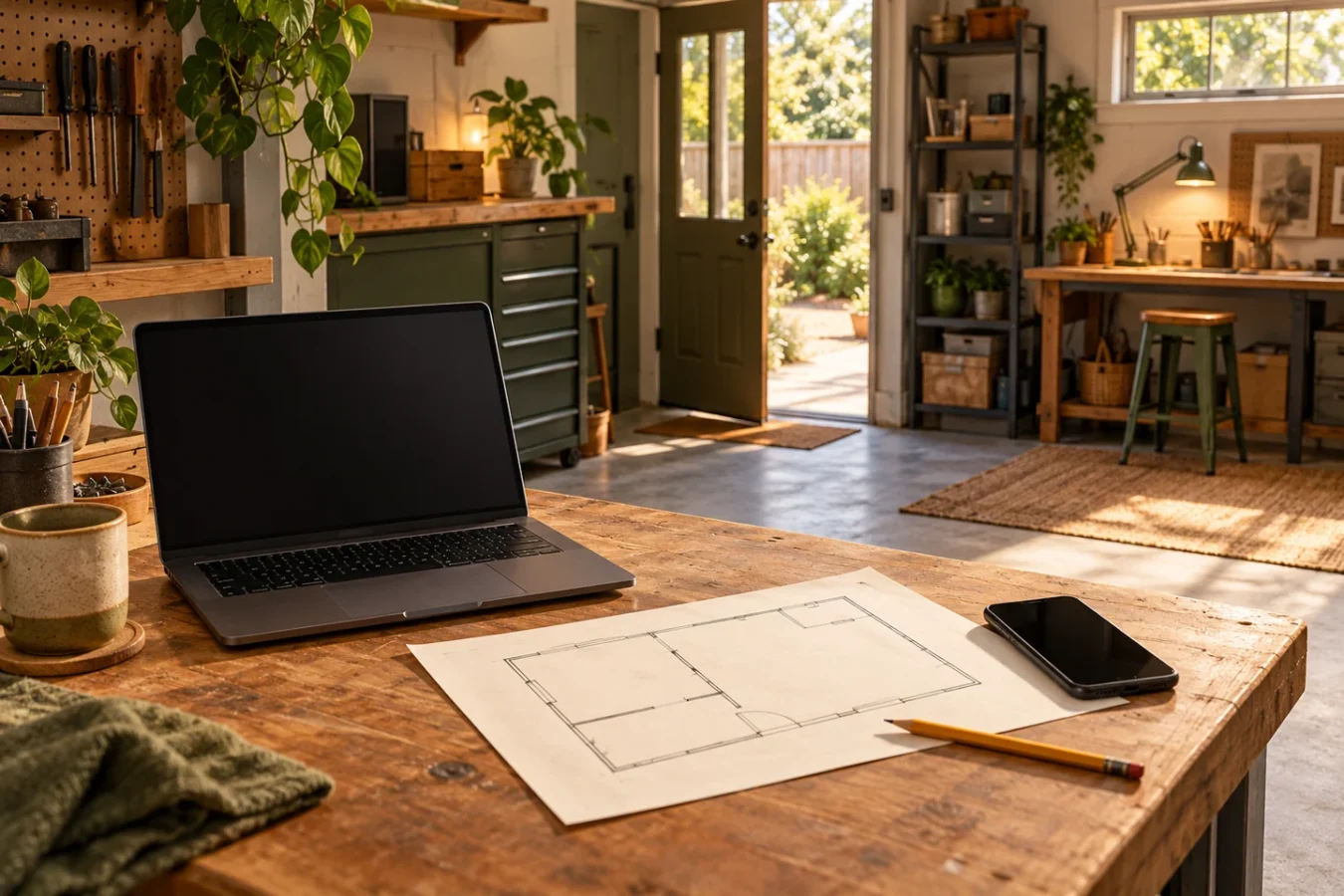 Fictional garage workspace with a laptop, phone and paper floor plan; no connection measurements are shown.